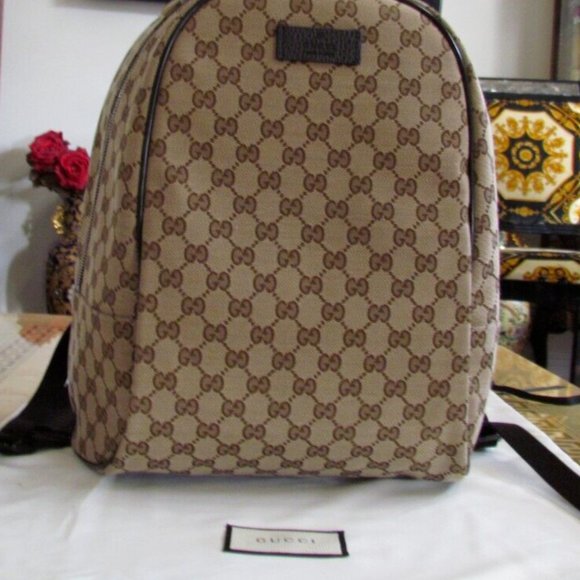 Authentic GUCCI Canvas& Leather Beige/Brown ebony GG print Backpack Large UNISEX - Picture 1 of 15